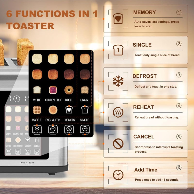 Clixane 4 Slice Toaster Touch Screen, Stainless Steel Toasters Digital Timer, Dual Control Panel Toasters, 8 Shade Settings 6 Bread Types for Bagel, Cancel, Defrost 1650W - Image 3